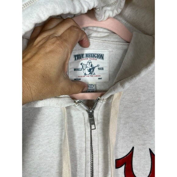 True Religion Classic Hoodie Mens Medium Ivory Full Zip Sweatshirt World Tour - Picture 6 of 12
